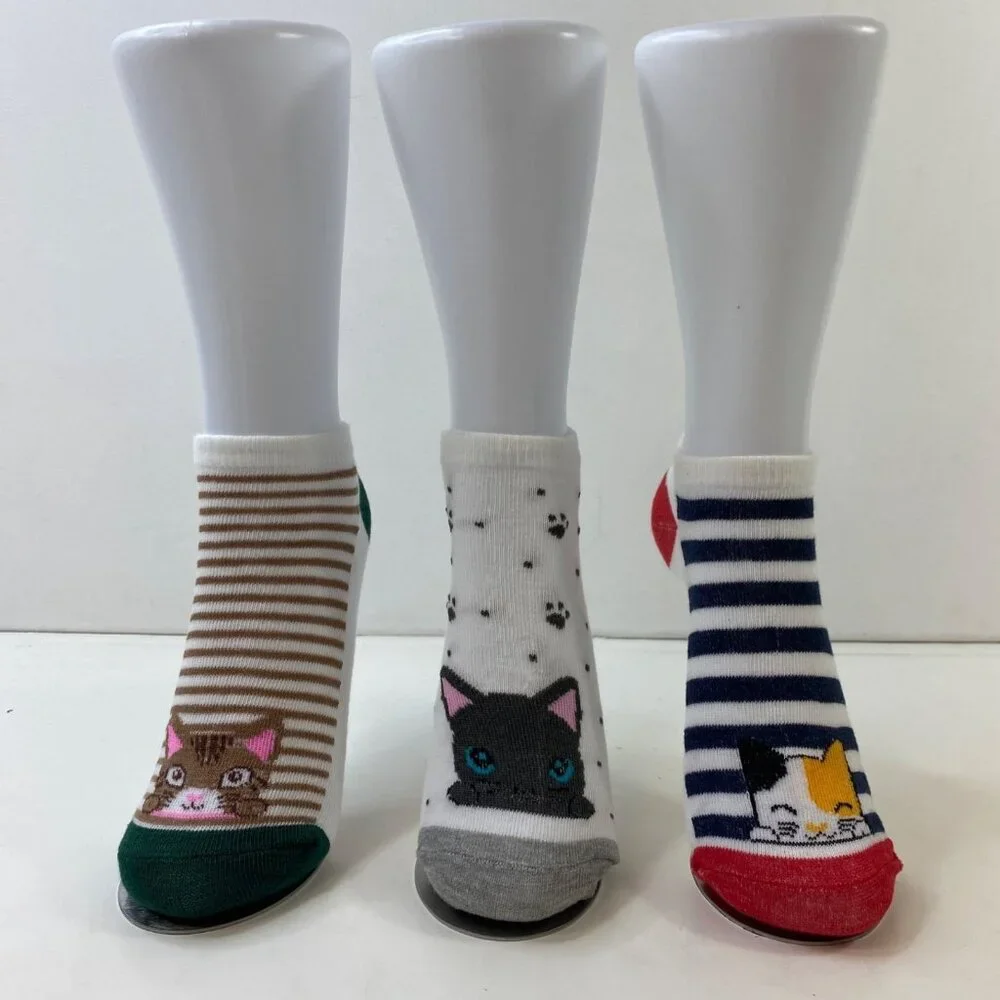 3 Pack of Cat-Themed Ankle Socks Womens Fun Stripes & Paw Prints